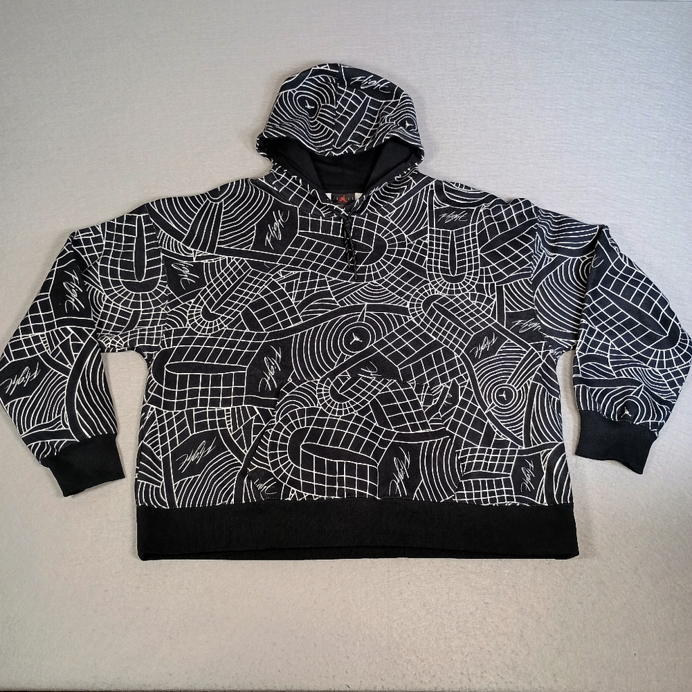 Air Jordan Brooklyn Womens L Black All Over Print Plus Loose Fit Pullover Hoodie